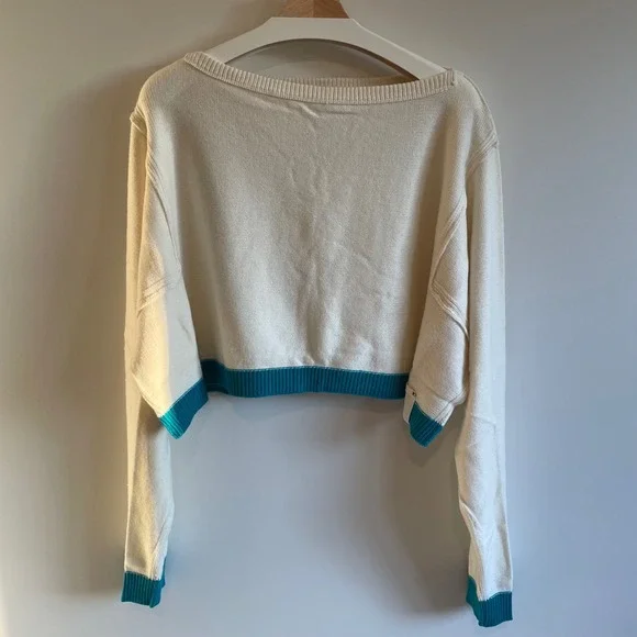 We The Free Cream Blue Cropped Knit Sweater Long Sleeve Casual Womens Size L Nwt - Picture 4 of 9